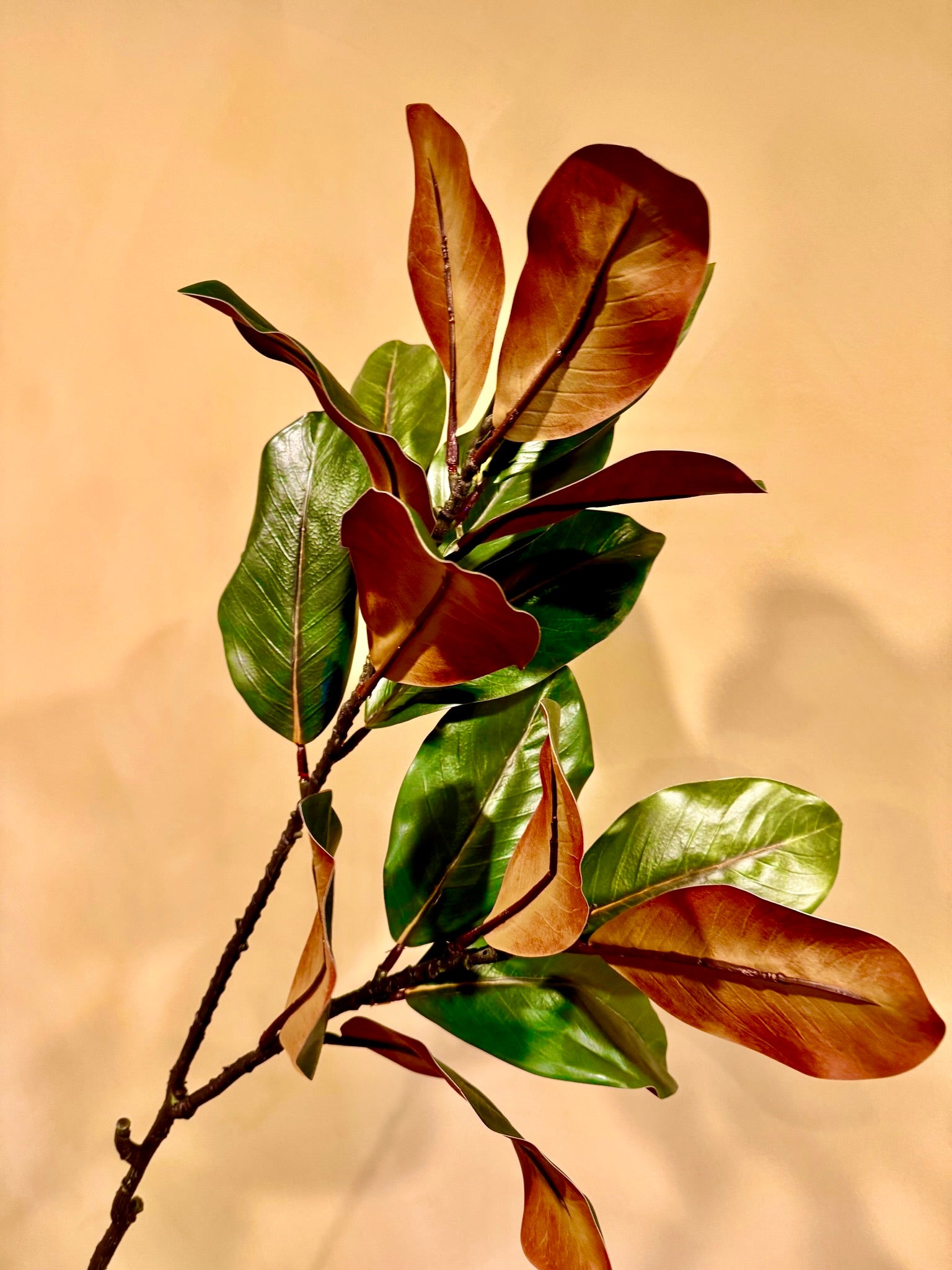 Faux Magnolia Branch: Two-Tone Green & Copper, 45.5" Southern Decor