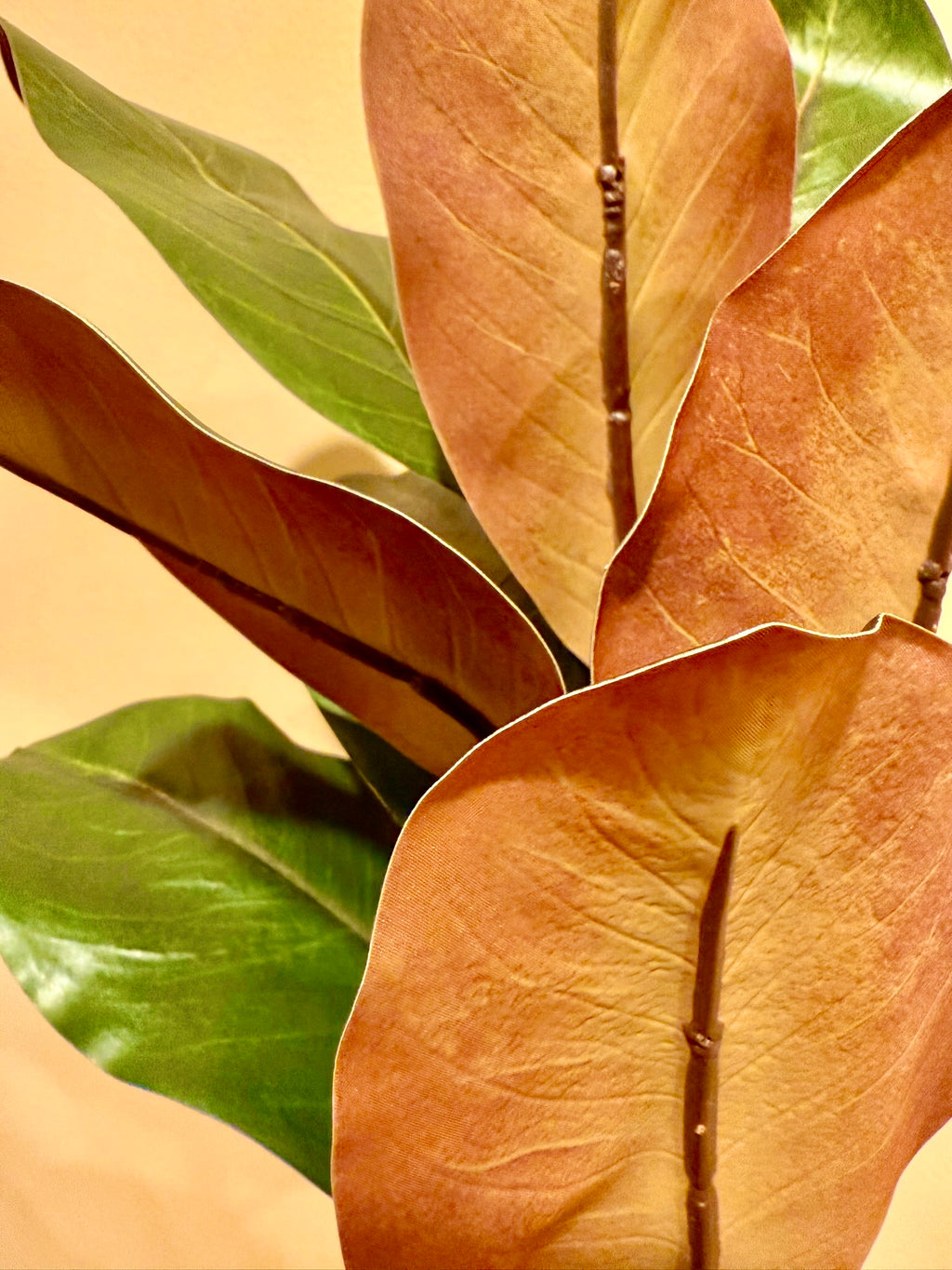 Faux Magnolia Branch: Two-Tone Green & Copper, 45.5" Southern Decor