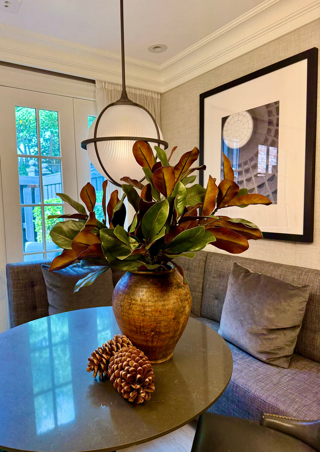 Faux Magnolia Branch: Two-Tone Green & Copper, 45.5" Southern Decor