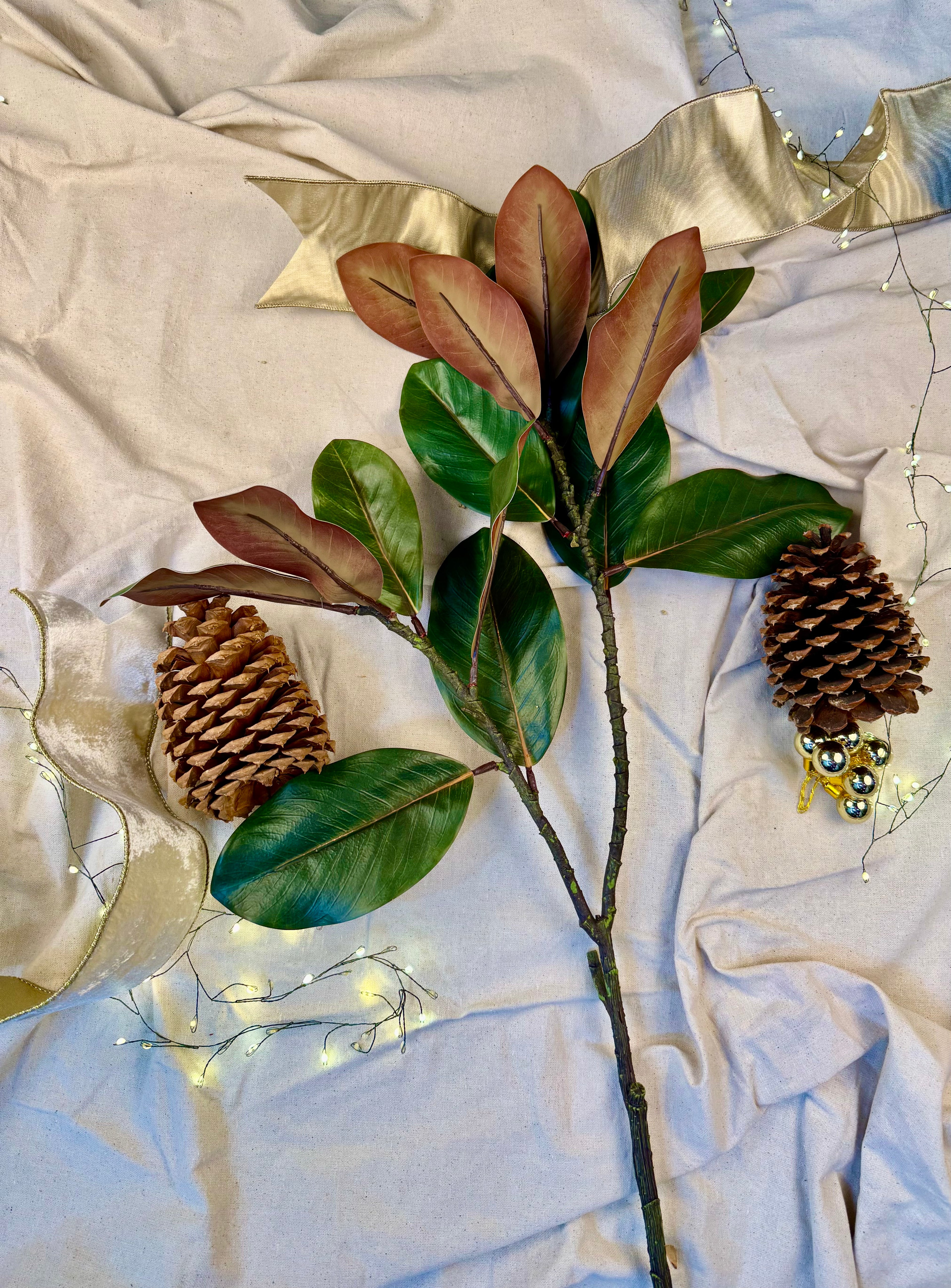 Faux Magnolia Branch: Two-Tone Green & Copper, 45.5" Southern Decor