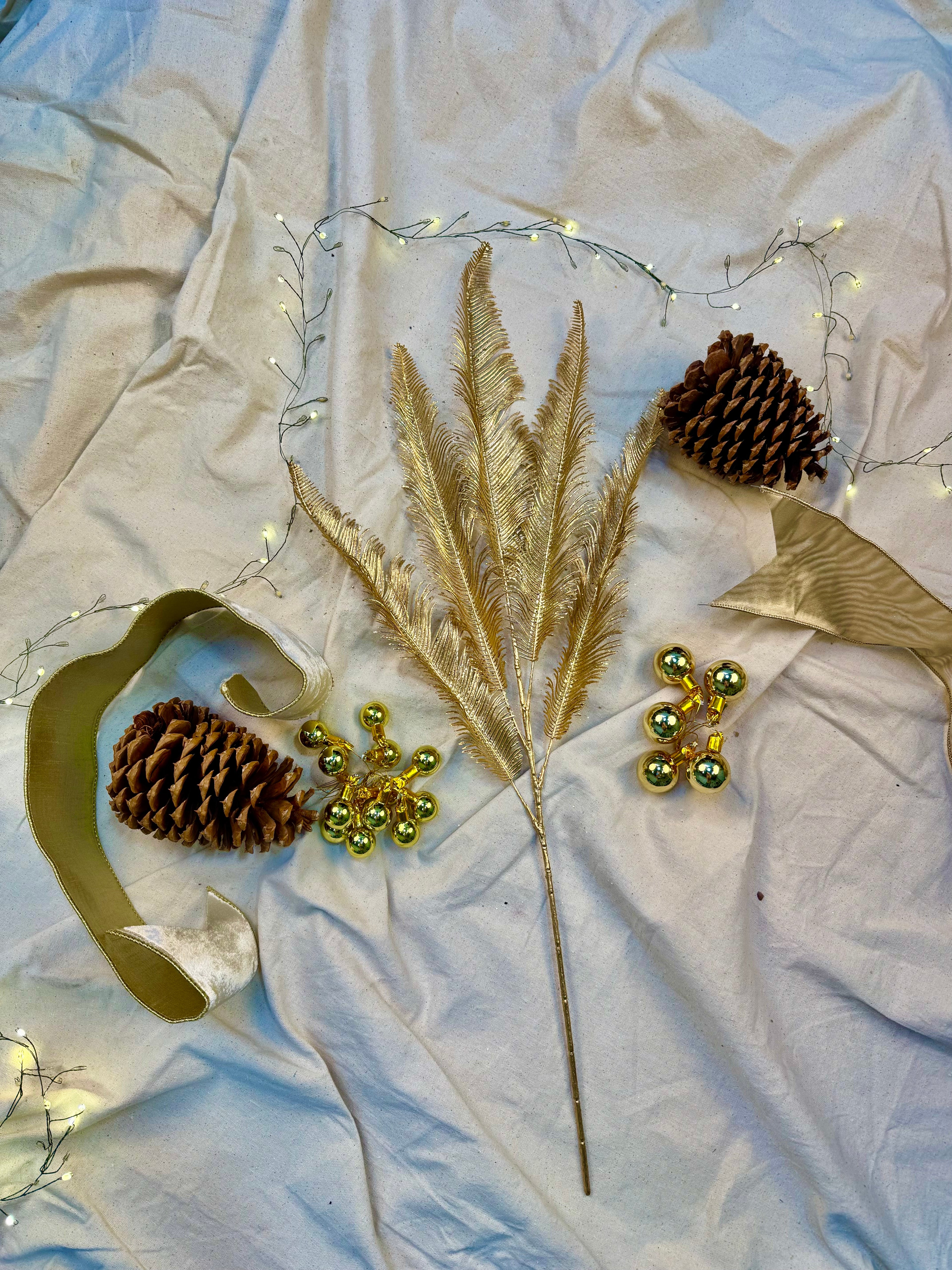 Faux Gold Metallic Frosted Fern Stem – Elegant Winter Greenery for Holiday Arrangements | Seasonal Designer Decor by JD Home + Holiday