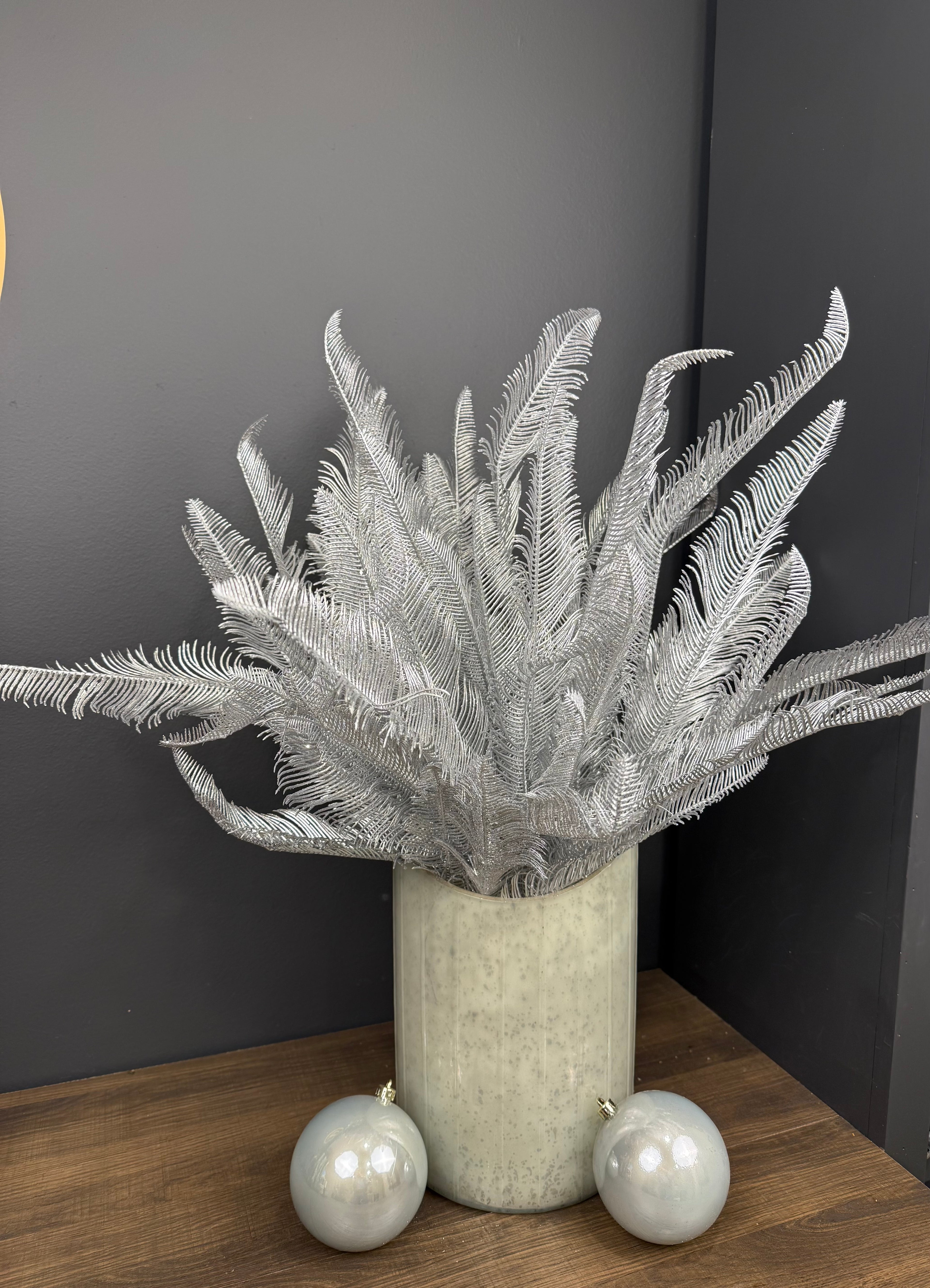 Frosted Silver Fern Stem – Metallic Winter Holiday Arrangement