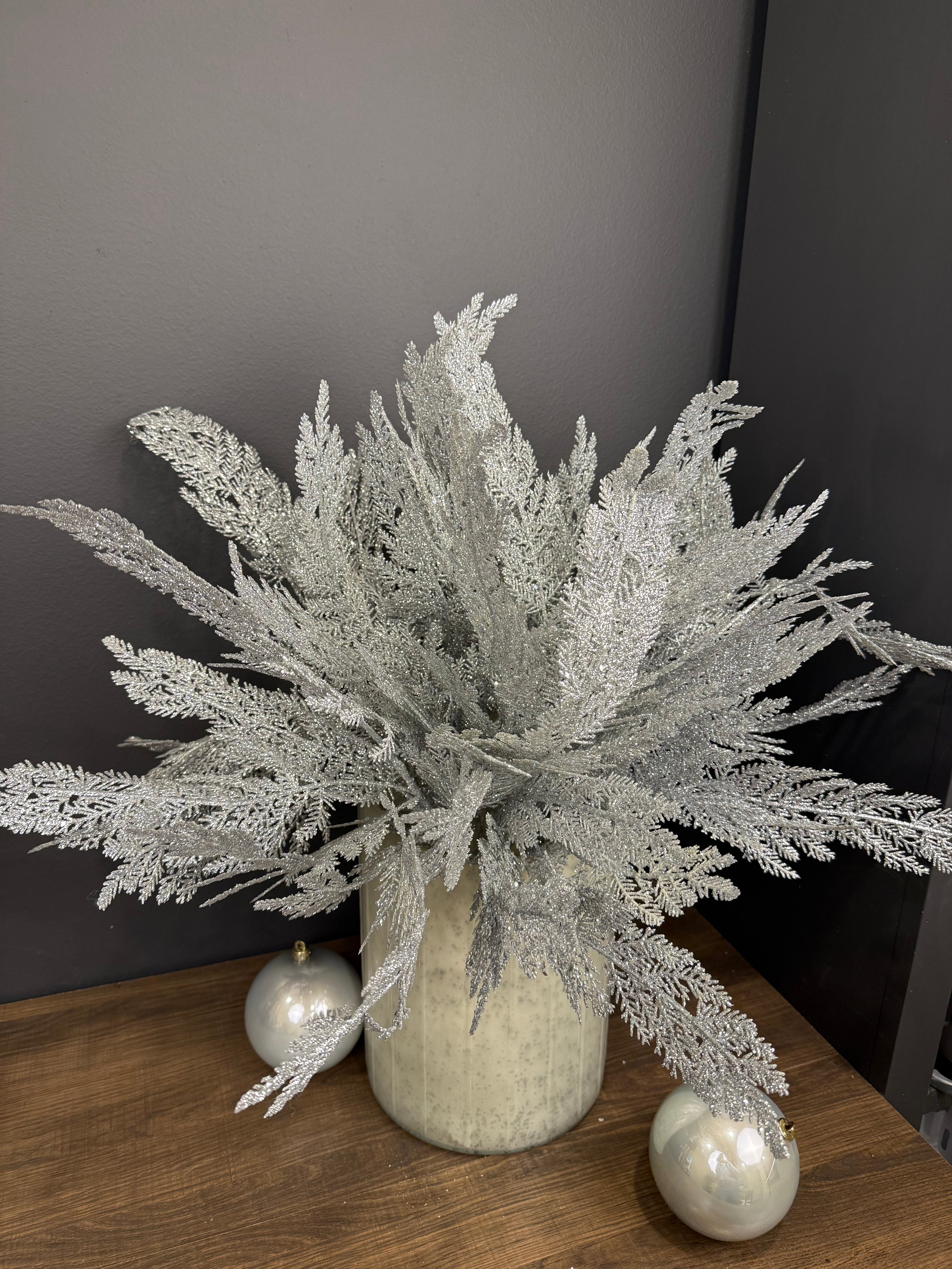 Faux Silver Glitter Fern Stem – Holiday Winter Arrangement Accent