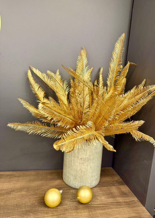 Faux Gold Metallic Frosted Fern Stem – Elegant Winter Greenery for Holiday Arrangements | Seasonal Designer Decor by JD Home + Holiday