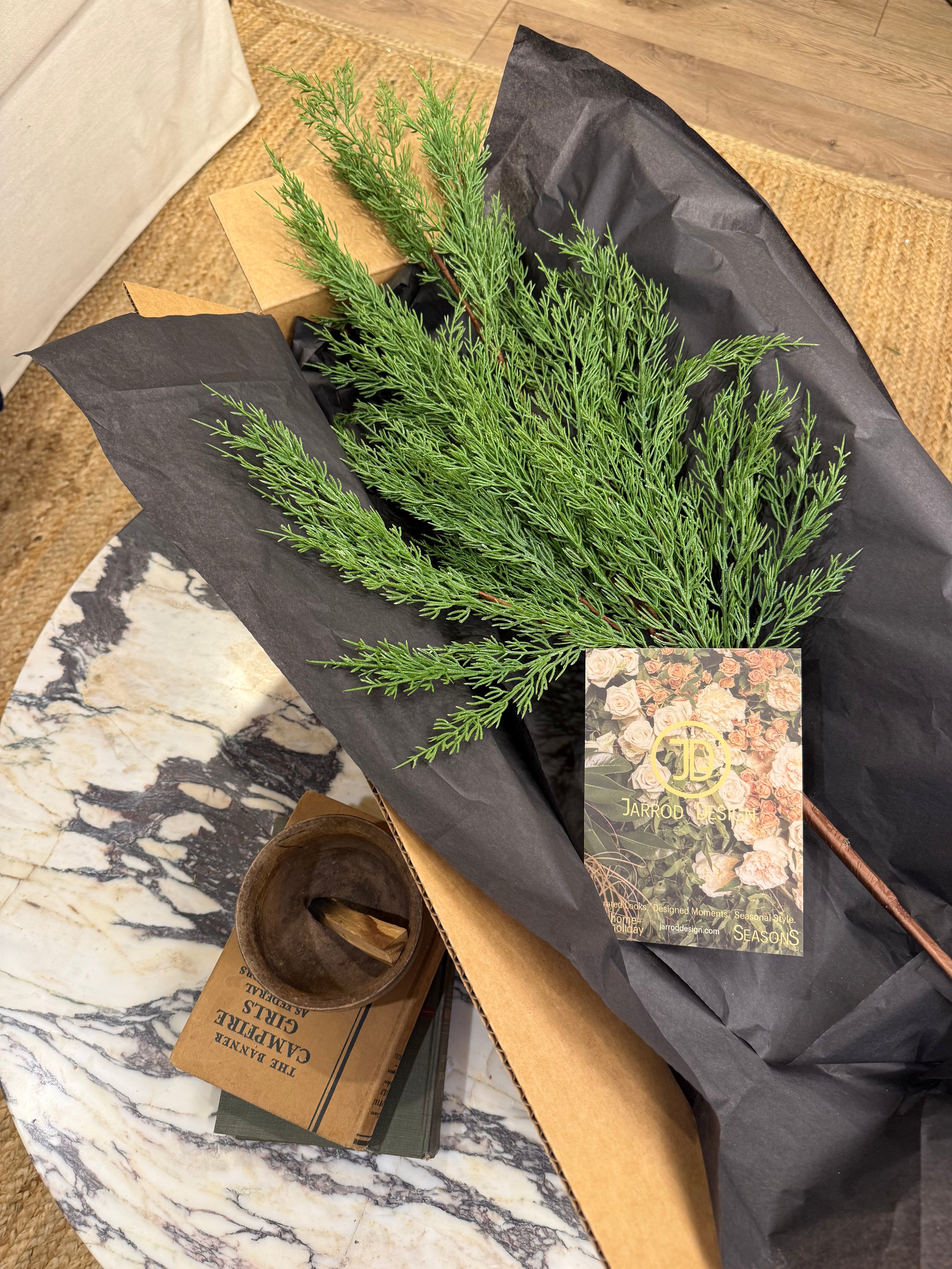 Faux Winter Cedar Branch – Realistic Evergreen Stem for Holiday & Winter Decor | Designer Soft-Touch Greenery by JD Home + Holiday