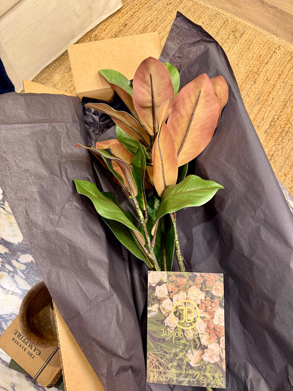 Faux Magnolia Branch: Two-Tone Green & Copper, 45.5" Southern Decor