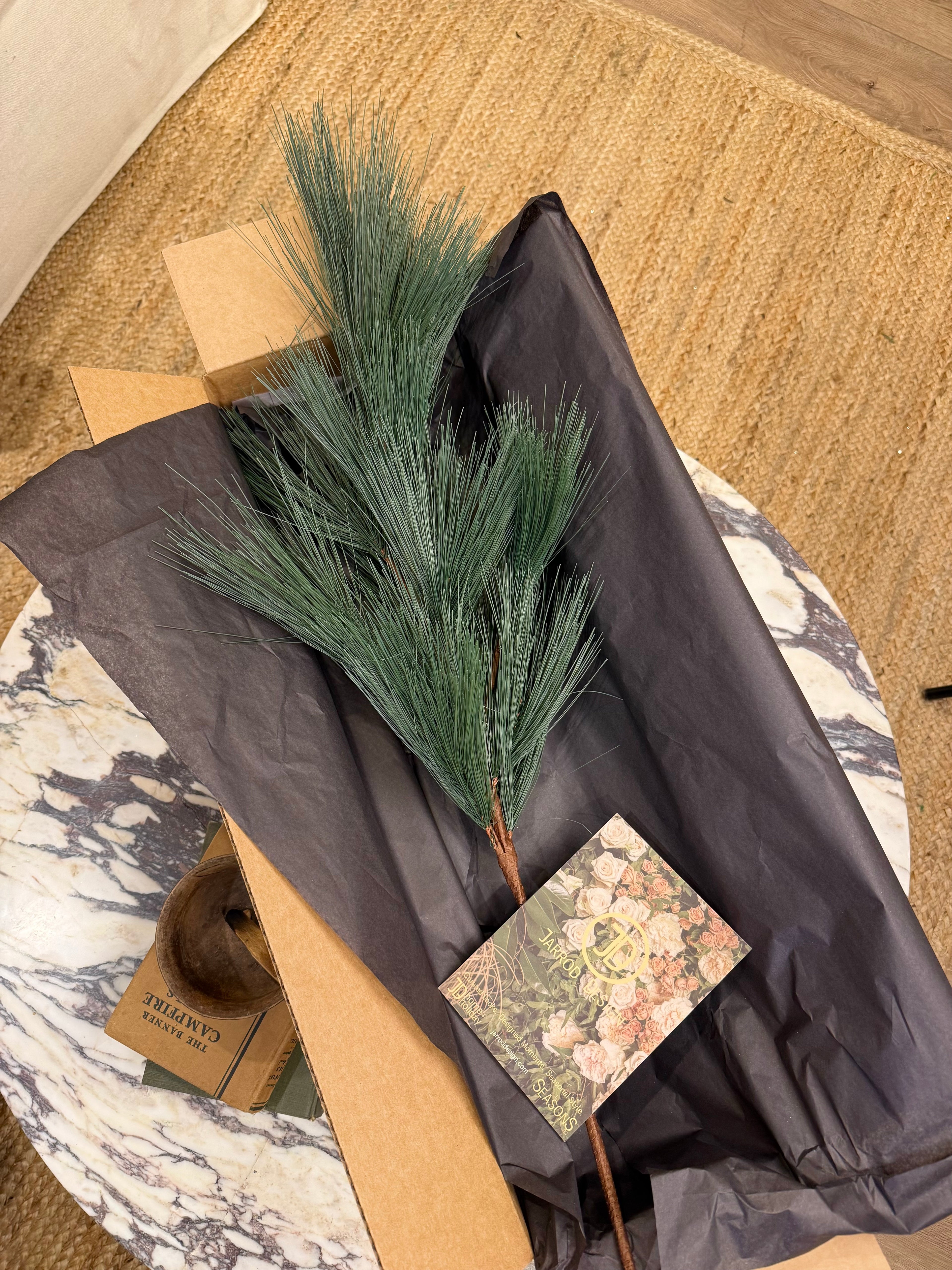 Faux White Pine Branch: Frosted Green Winter Holiday Arrangement