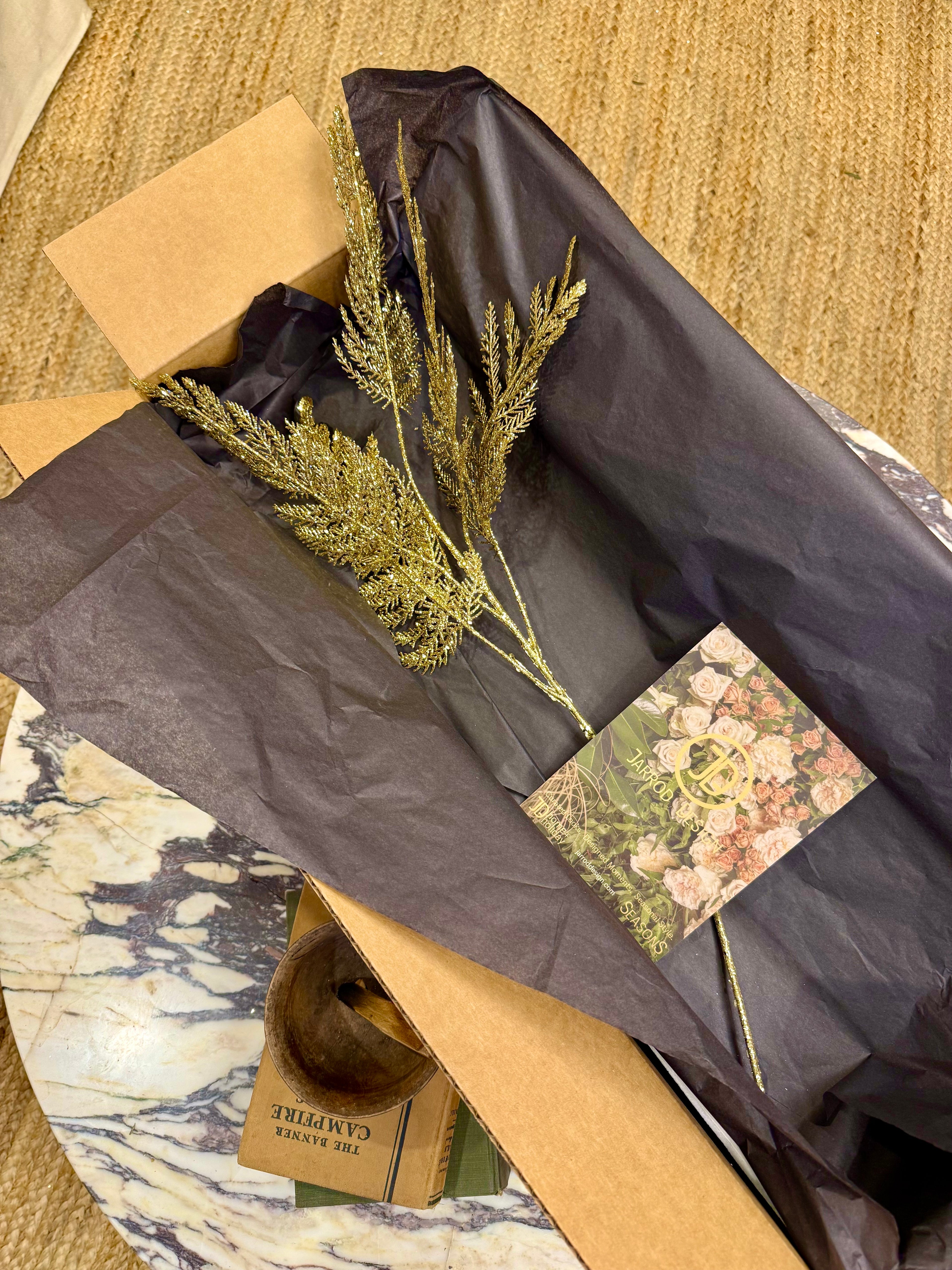 Faux Gold Glitter Fern Stem – Sparkling Holiday Accent for Winter Arrangements | Designer Seasonal Greenery by JD Home + Holiday