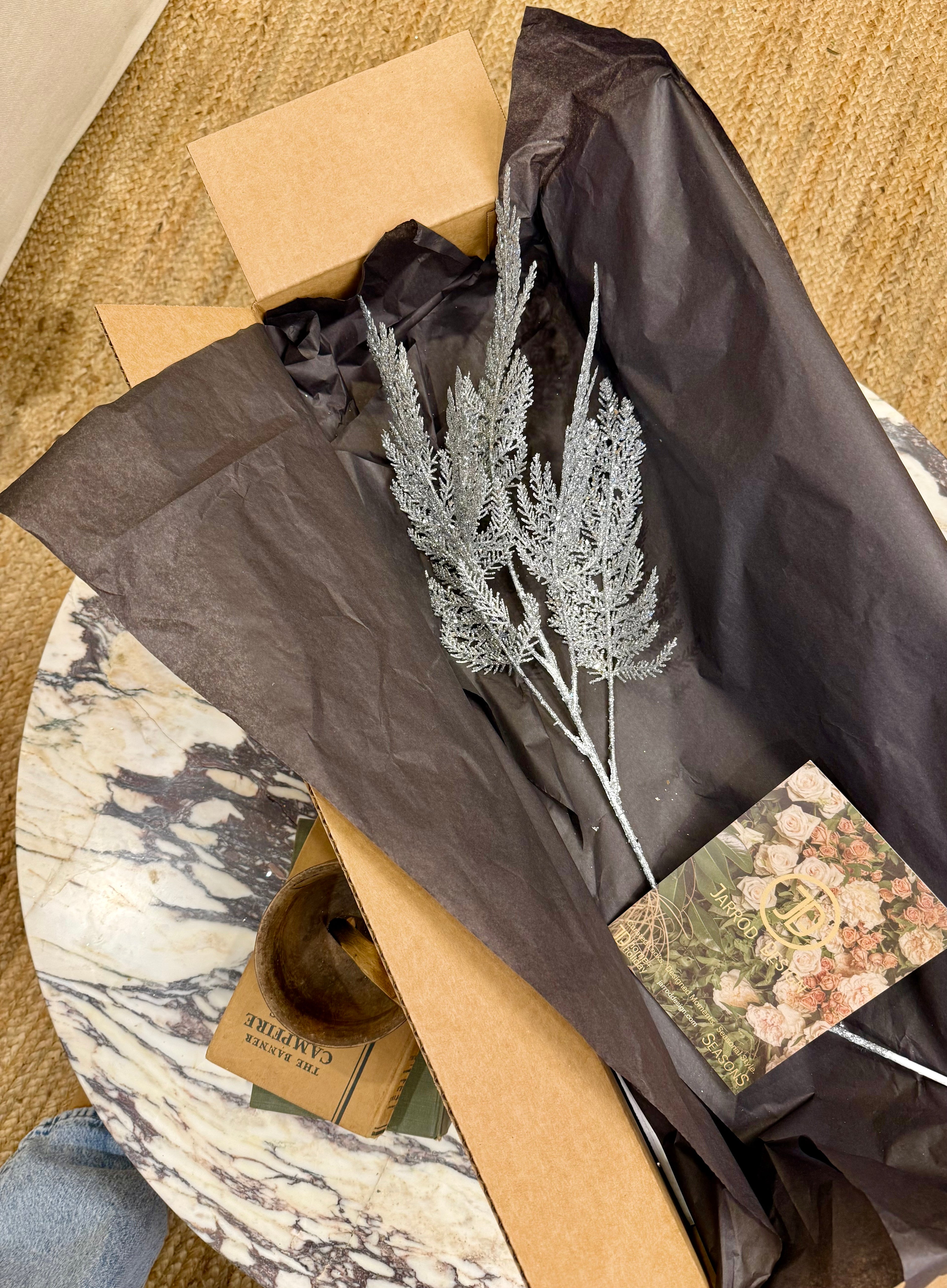 Faux Silver Glitter Fern Stem – Holiday Winter Arrangement Accent