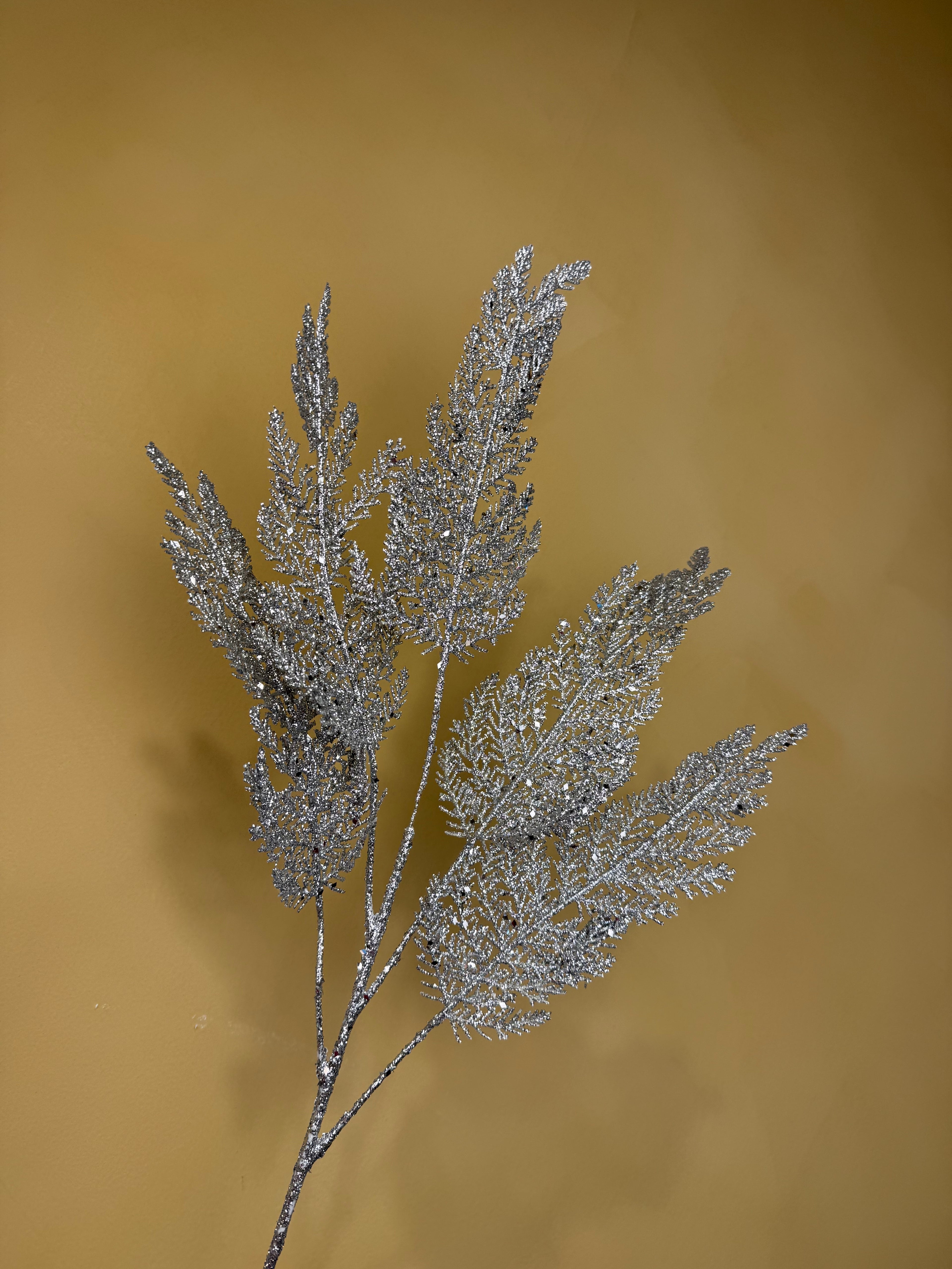 Faux Silver Glitter Fern Stem – Holiday Winter Arrangement Accent
