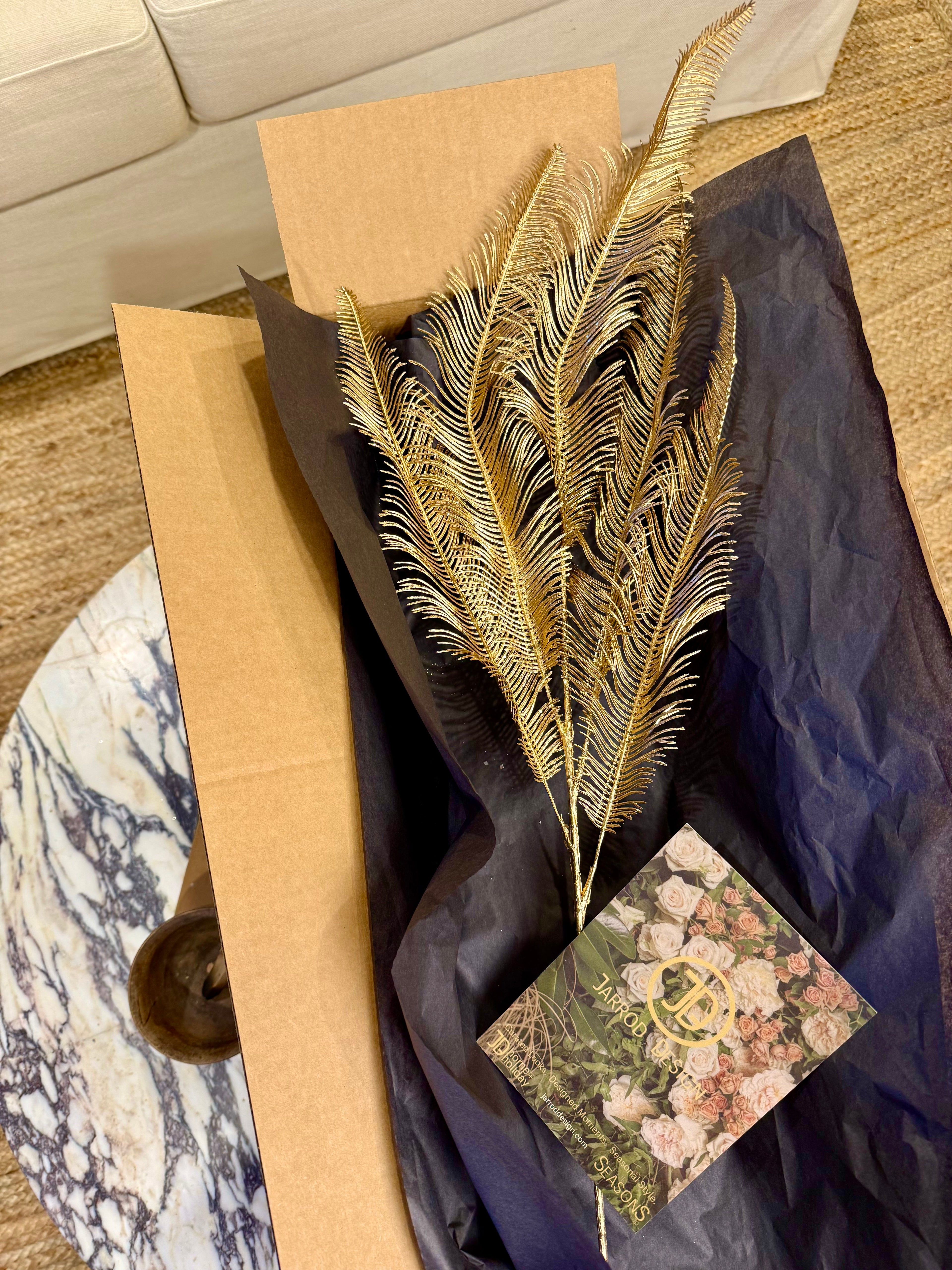 Faux Gold Metallic Frosted Fern Stem – Elegant Winter Greenery for Holiday Arrangements | Seasonal Designer Decor by JD Home + Holiday