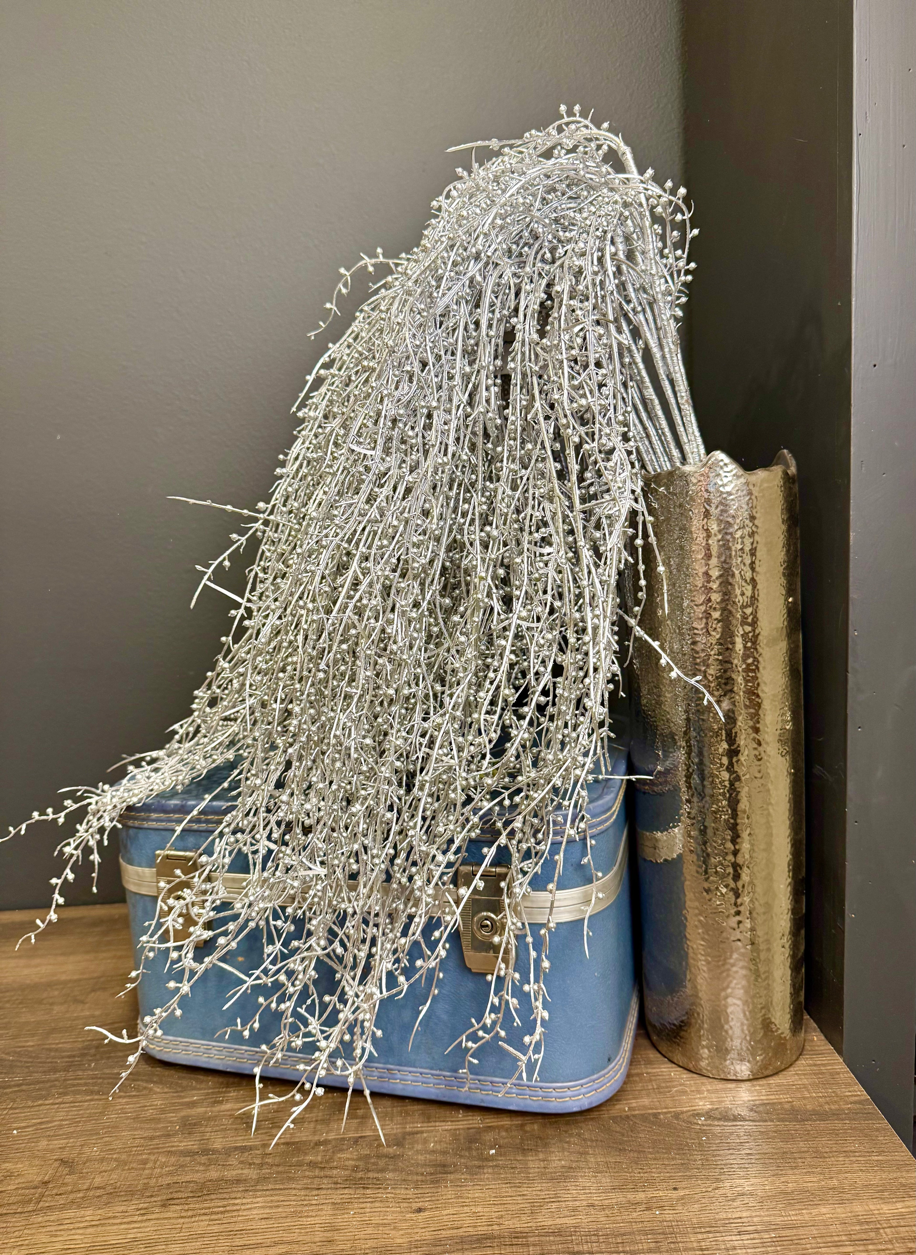 Faux Silver Berry Stem - Metallic Holiday Arrangement Accent